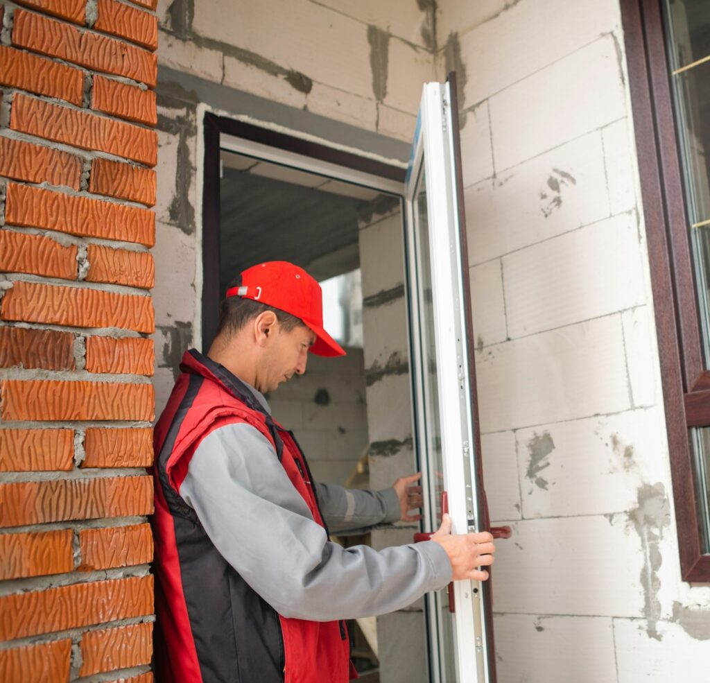 master sets up a door handle with multi lock plastic door with wood lamination and gold layout in pr e1722589320124